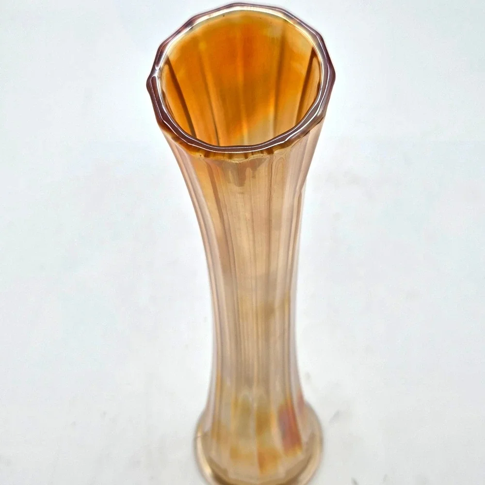Vintage Amber Marigold Carnival Glass Opalescent Swung Vase 10